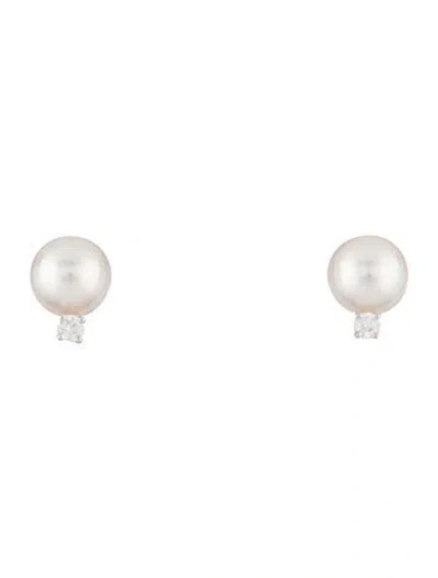 Pre-owned Mikimoto 18k Pearl & Diamond Stud Earrings In Multicolor