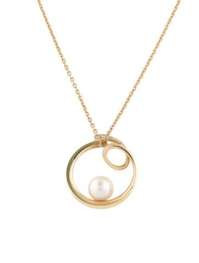 Pre-owned Mikimoto 18k Pearl & Diamond Swirl Pendant Necklace, 18" In Multicolor