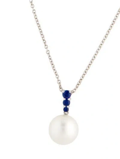 Pre-owned Mikimoto 18k Pearl & Sapphire Pendant Necklace, 18" In Multi