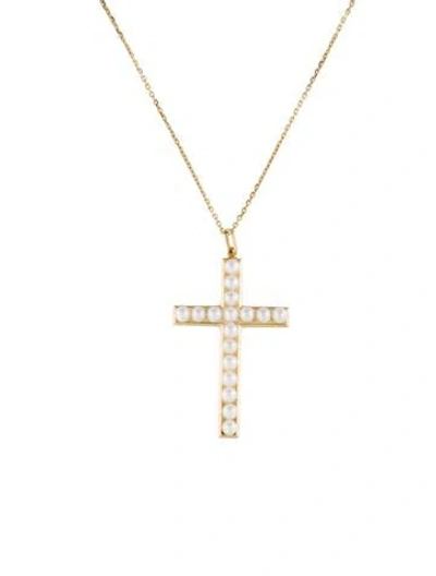 Pre-owned Mikimoto 18k Pearl Cross Pendant Necklace, 15.75" In Multi