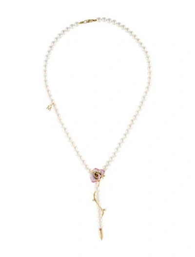 Pre-owned Mikimoto 18k Pearl, Diamond & Enamel Princess Grace Rose Lavalier Necklace, 16" In Multi