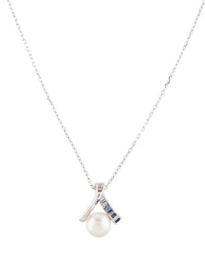 Pre-owned Mikimoto 18k Pearl, Diamond & Sapphire Pendant Necklace, 16" In Multi