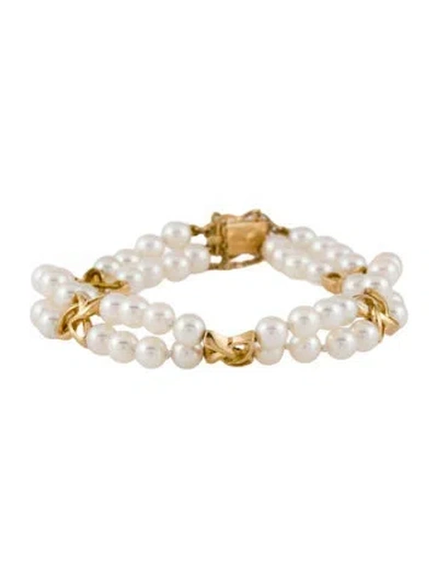 Pre-owned Mikimoto 18k Pearl Double 'x' Bracelet, 7" In Multicolor