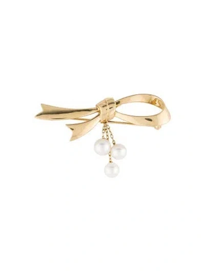 Pre-owned Mikimoto 18k Pearl Drop Bow Brooch In Multi
