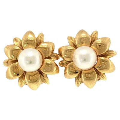 Pre-owned Mikimoto 18k Pearl Earrings Floral Motif Yellow Gold Studs