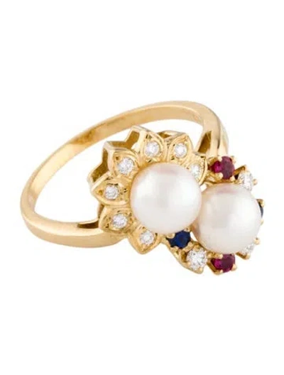 Pre-owned Mikimoto 18k Pearl, Ruby, Sapphire & Diamond Cocktail Ring In Multi