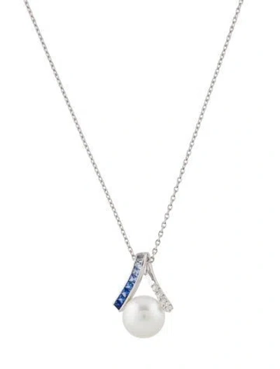 Pre-owned Mikimoto 18k Pearl, Sapphire, & Diamond Ocean Pendant Necklace, 18" In Multi