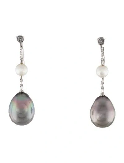 Pre-owned Mikimoto 18k Perlita Pearl & Diamond Drop Earrings In Multi