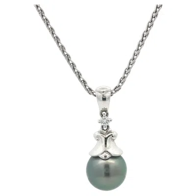 Pre-owned Mikimoto 18k White Gold Tahitian Pearl & Diamond Pendant 18" Wheat Link Necklace