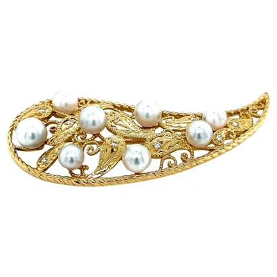 Pre-owned Mikimoto 18k Yellow Gold Akoya Pearl Diamond Long Brooch