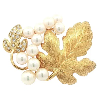 Pre-owned Mikimoto 18k Yellow Gold Pearl & Diamond Highly Detailed Double Leaf Pin Brooch