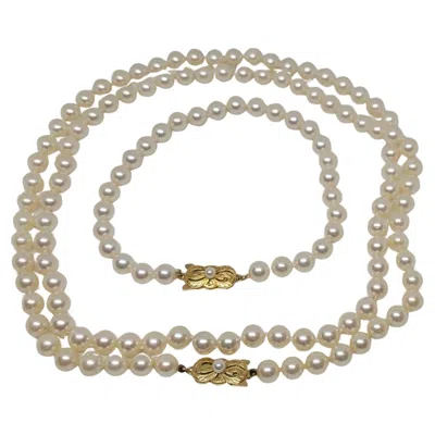Pre-owned Mikimoto 18kt Gold  Akoya Pearl Set, 32" Necklace & 9.25" Bracelet, 6.6mm, Box In Multi