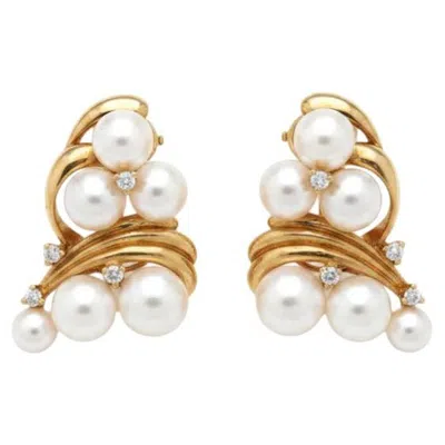 Pre-owned Mikimoto 18kt Yellow Gold Akoya Pearl & Diamond Earrings