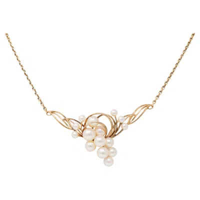 Pre-owned Mikimoto 1940's Retro Pearl 14k Yellow Gold Vintage Scrolling Station Necklace