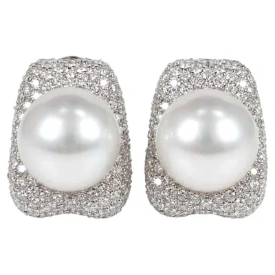 Pre-owned Mikimoto 3.50 Carat Diamond South Sea Pearl 18k White Gold Clip Earrings