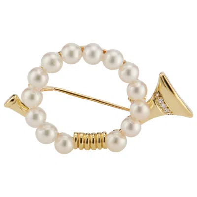 Pre-owned Mikimoto .5 Carat Diamond Pearl Yellow Gold French Horn Brooch