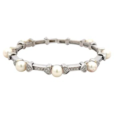 Pre-owned Mikimoto 6.6mm Pearl 0.30 Carat Round Diamond 18k White Gold Cuff Bracelet