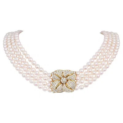 Pre-owned Mikimoto 7.57cts Diamond Four Strands Pearl 18k Gold Layered Flower Necklace In Multi