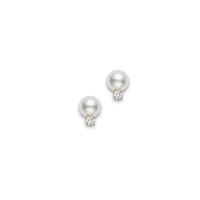 Mikimoto Akoya Cultured 8x8.5mm A+ Pearl Stud Earrings With Diamonds Pes802dk In Yellow