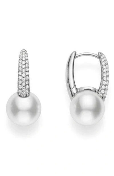 Mikimoto Akoya Cultured Pearl & Diamond Hoop Earrings In 18kw