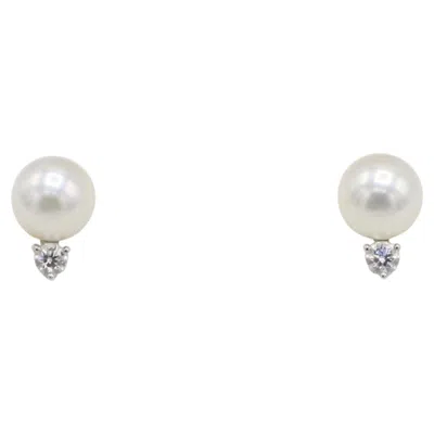 Pre-owned Mikimoto Akoya Cultured Pearl & Natural Diamond 18 Karat White Gold Stud Earring