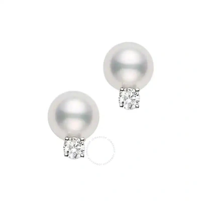 Mikimoto Akoya Cultured Pearl Stud Earrings; 7.5 X 8mm; With 0.10ct Diamonds; Set In 18k White Gold.