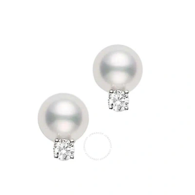 Mikimoto Akoya Cultured Pearl Stud Earrings  8 X 8.5 Mm; With 0.10ct Diamonds; Set In 18k White Gold In Metallic