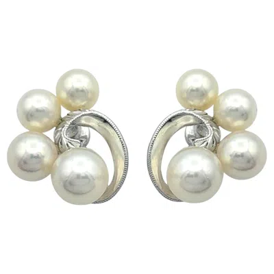 Pre-owned Mikimoto Akoya Cultured Pearl Swirl Motif Stud Earrings In 18 Karat White Gold