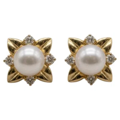 Pre-owned Mikimoto Akoya Pearl And Diamond 18k Yellow Gold Floral Stud Earrings