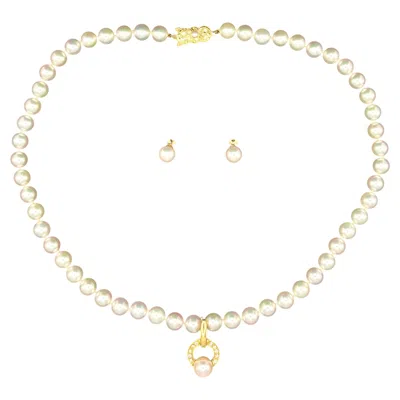 Pre-owned Mikimoto Akoya Pearl Necklace Suite, Diamond Pendant & Earrings, 18k Gold In Multi