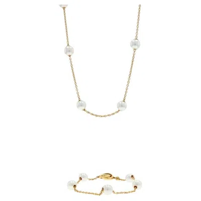 Pre-owned Mikimoto Akoya Pearls Station Necklace & Bracelet Set Yellow Gold 18k