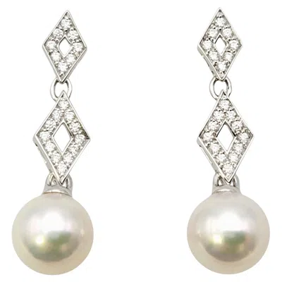 Pre-owned Mikimoto Cultured Pearl And Diamond Dangle Pierced Earrings 18 Karat White Gold