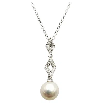 Pre-owned Mikimoto Cultured Pearl And Diamond Drop Pendant Necklace In 18 Karat White Gold