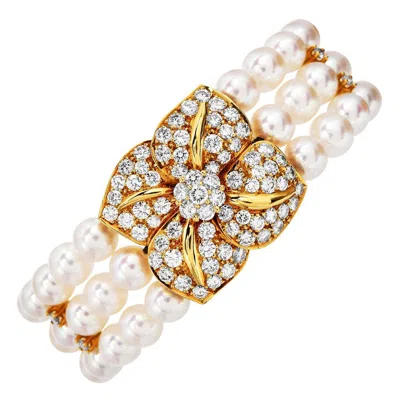 Pre-owned Mikimoto Diamond Akoya Pearl 18k Gold Three Strand Flower Bracelet In Multi