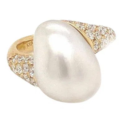 Pre-owned Mikimoto Diamond Akoya Pearl 18k Yellow Gold Ring - Size 4