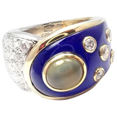 Pre-owned Mikimoto Diamond Cats Eye Blue Enamel Platinum And White Gold Band Ring