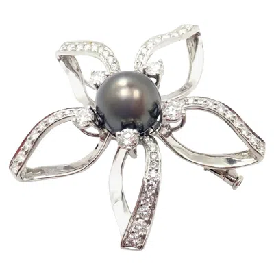 Pre-owned Mikimoto Diamond Large Tahitian Pearl Platinum Flower Brooch Pin In Multiple