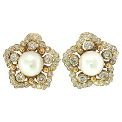 Pre-owned Mikimoto Diamond Pearl Earrings 18k Yellow Gold Cultured Pearls