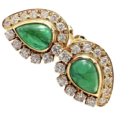 Pre-owned Mikimoto Diamond Teardrop Emerald Screw Back Yellow Gold Earrings