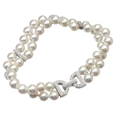 Pre-owned Mikimoto Double Strand Cultured Pearl & Diamond Bracelet, 18kt White Gold