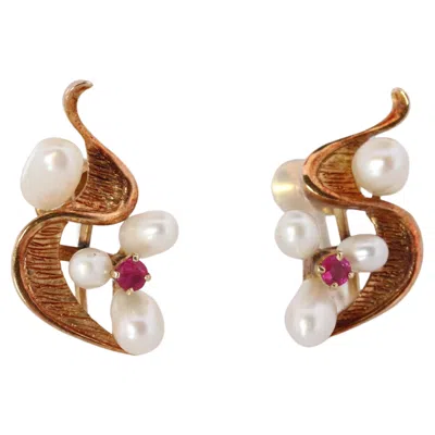 Pre-owned Mikimoto Earrings. 14k Gold  Pearl Ruby Cluster Clip Ons. Unpierced In Multi