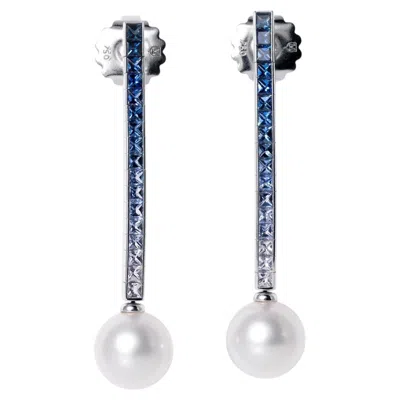 Pre-owned Mikimoto Elements Of Life Denim Blue Ombré Sapphire Pearl Drop Earrings