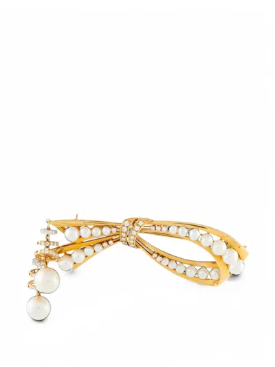 Pre-owned Mikimoto Embellished Bow Peral Brooch In Gold