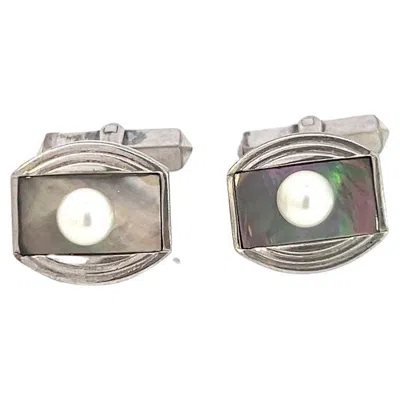 Pre-owned Mikimoto Estate Akoya + Mother Of Pearl Cufflinks 5.2 Mm Sterling Silver In Multi