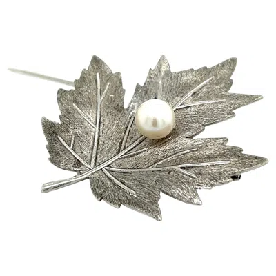Pre-owned Mikimoto Estate Akoya Pearl Leaf Brooch Pin Sterling Silver In Multi