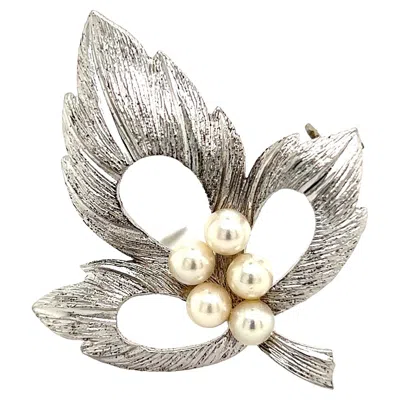 Pre-owned Mikimoto Estate Akoya Pearl Leaf Brooch Pin Sterling Silver In Multi