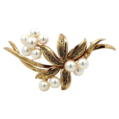 Pre-owned Mikimoto Flower Pearl Branch Brooch 14k Yellow Gold