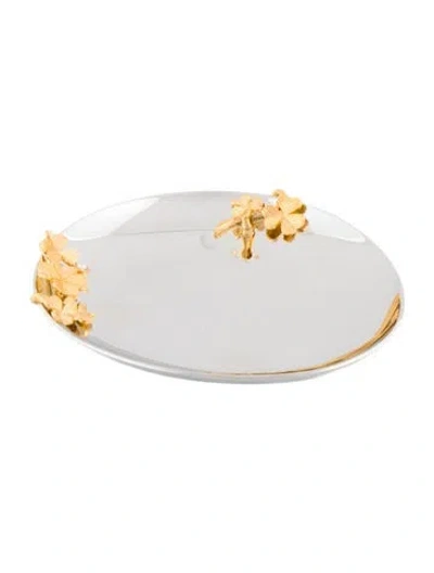 Pre-owned Mikimoto Golden Clover And Pearl-embellished Trinket Dish In Silver