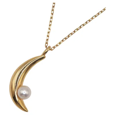 Pre-owned Mikimoto K18 Yellow Gold Akoya Pearl Crescent Moon Pendant Necklace