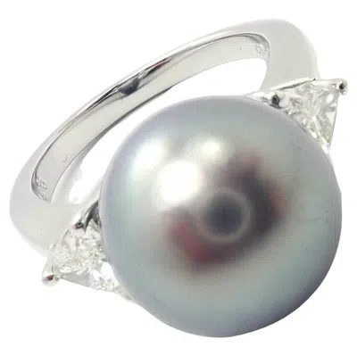 Pre-owned Mikimoto Large Tahitian Pearl Diamond Platinum Ring In Multi